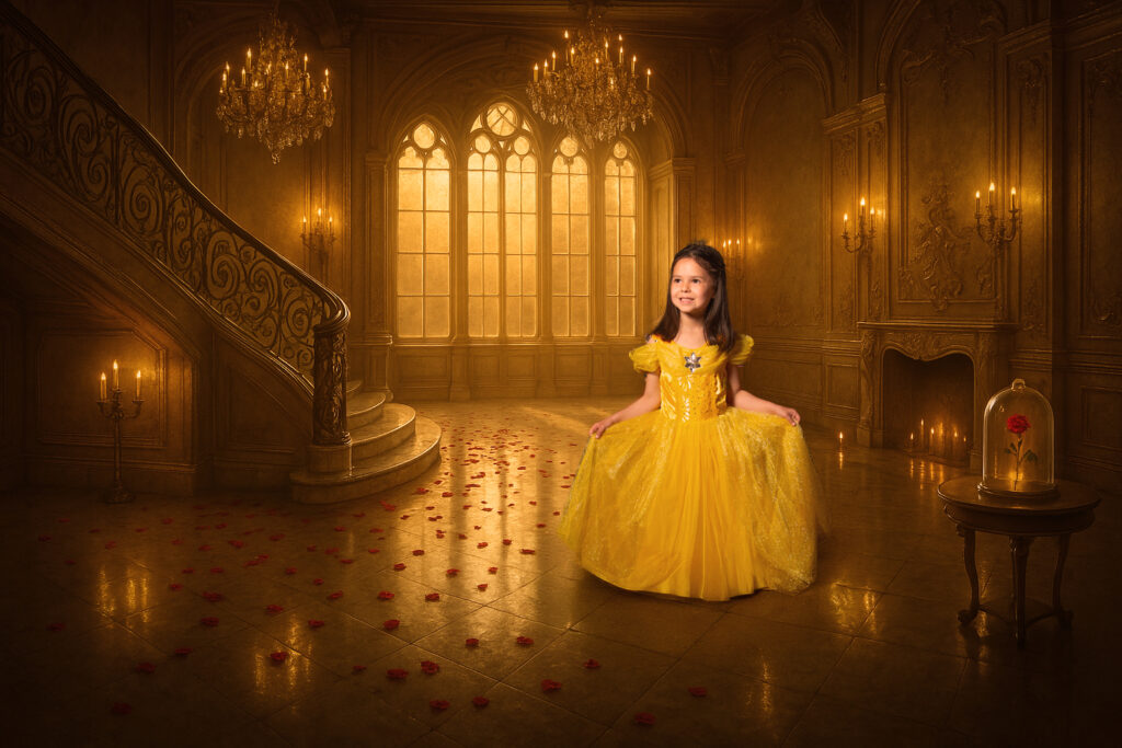 Young girl in yellow princess dress during fairytale-themed photoshoot at Imagipix Photography studio in Southampton
