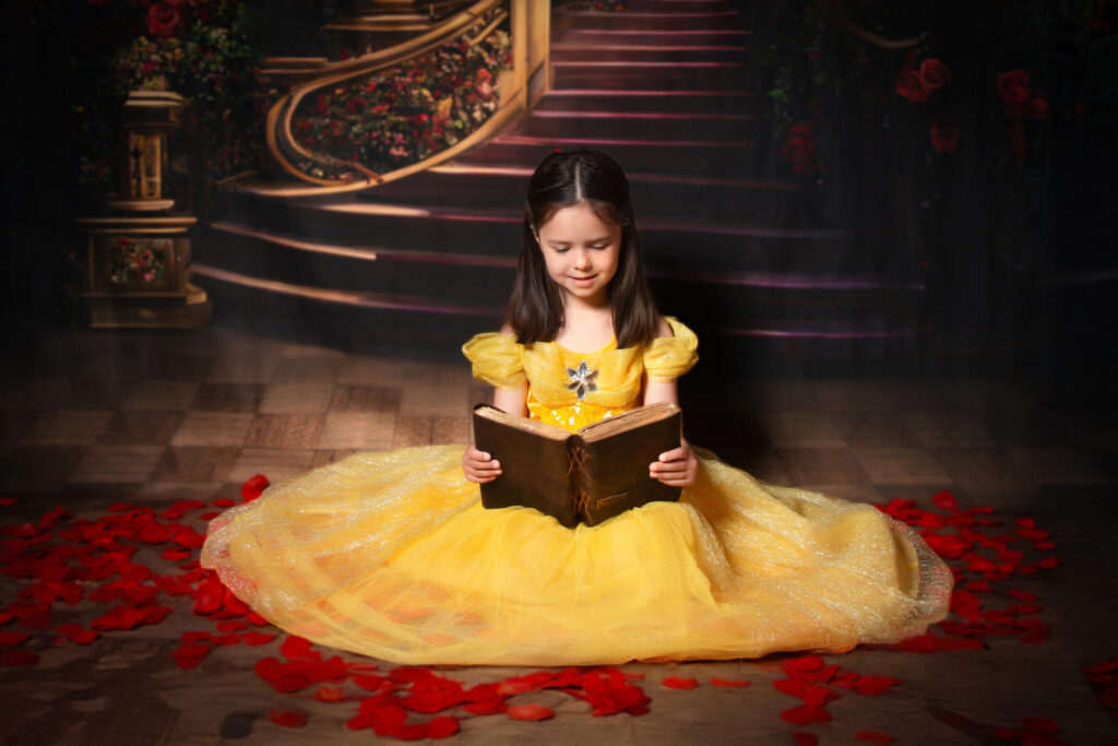 Princess-themed photoshoot with girl in yellow dress at Imagipix Photography studio, Botley